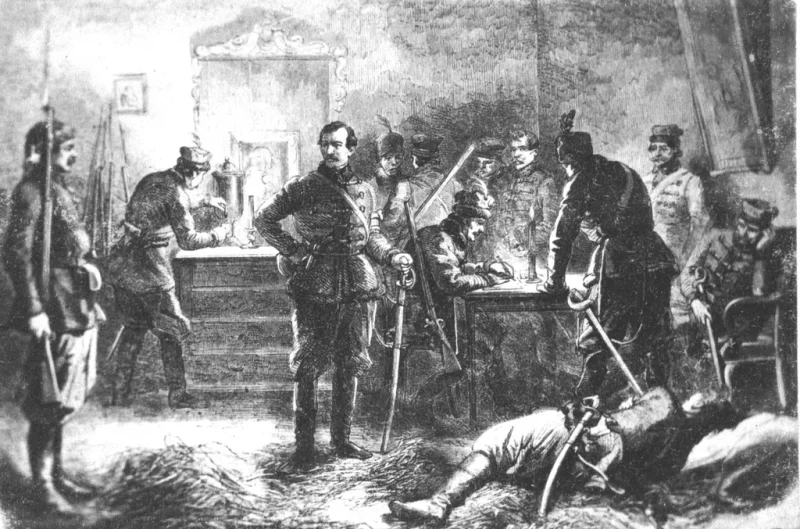 Повстанец на заднем плане наливает себе кипяток из самовара. Гравюра с восстания 1863 года