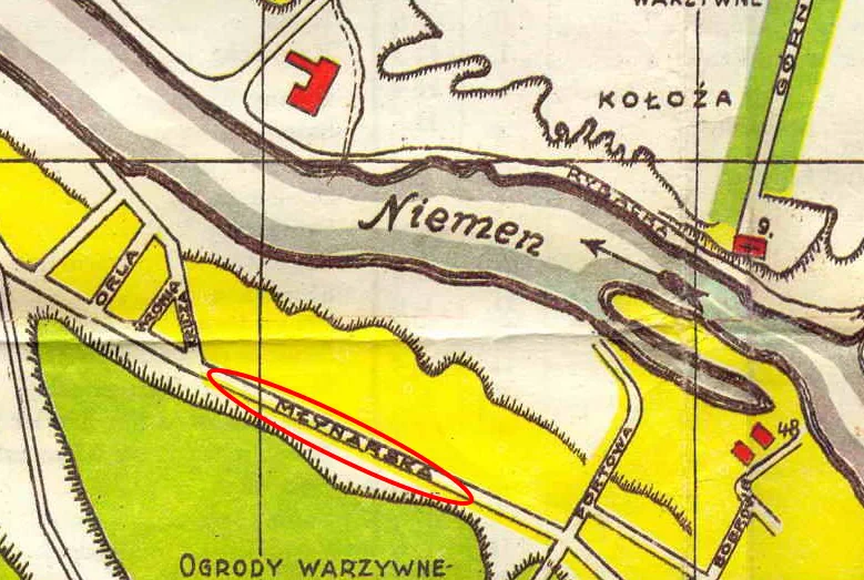Окрестности улицы Млынарской на плане Гродно 1930-х годов. Улица отмечена красным овалом