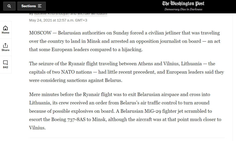 "Беларусь захапіла лайнер з дысідэнтам". Што замежныя СМІ пісалі пра вымушаную пасадку рэйсу Ryanair у Мінску