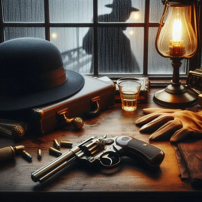 Збоньские — серийные убийцы из Гродно. Иллюстрация револьвера на столе в стиле 1920-х годов.