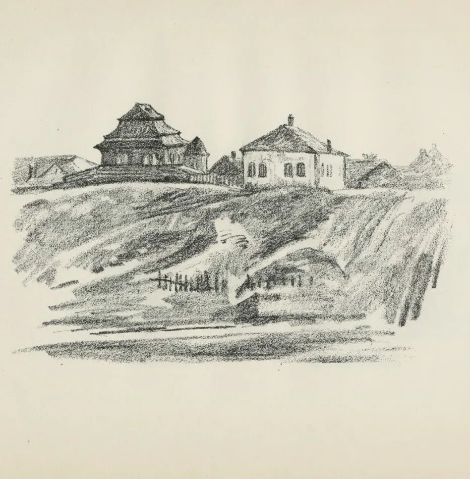 Деревянная синагога. Гродно 1916. Рисунок из альбома “Skizzen aus Litauen, Weissrussland und Kurland”. Художник Hermann Struck. Текст Herbert Eulenberg