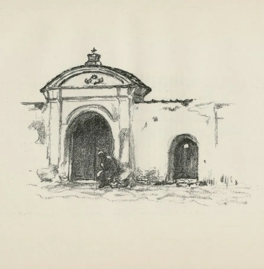 Врата францисканского монастыря, Гродно 1916. Рисунок из альбома “Skizzen aus Litauen, Weissrussland und Kurland”. Художник Hermann Struck. Текст Herbert Eulenberg