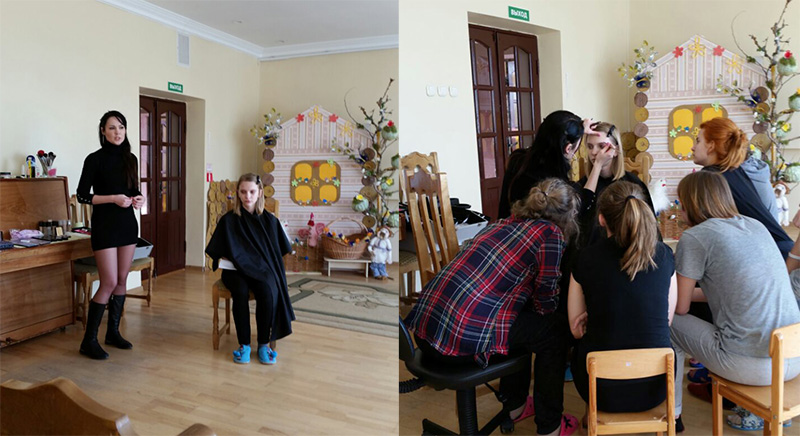 “Памперсы - класна, толькі чалавечых зносін імі не заменіш”. Валанцёрка Ірэна Лабачэўская знаёміць выхаванцаў дзіцячага дома з прафесіяй цырульніка