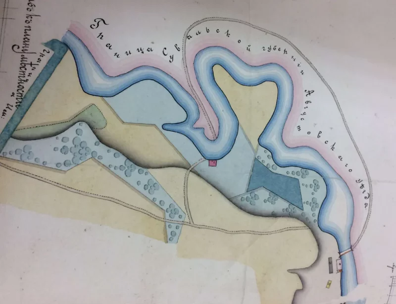 Ласасянка на плане 1883 г. Справа ўнізе відаць ласасянскі млын з карчмой