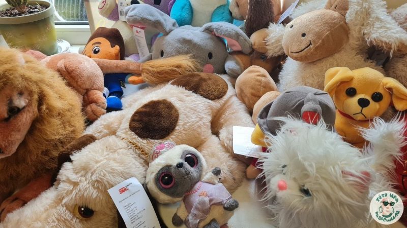 Игрушки на полке магазина секондхенд