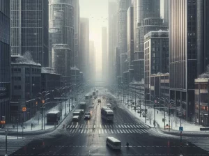 Шэры горад зімой. Выява згенеравана рэдакцыяй Hrodna.life у нейрасетцы DALL·E 3