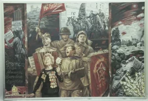 Гродзенскі музей купіць карціну пра вайну з сімвалам Z. Яе напісаў мясцовы мастак Карціна "Песни великой Победы" Уладзіміра Качана. Фота: з сайта дзяржзакупак