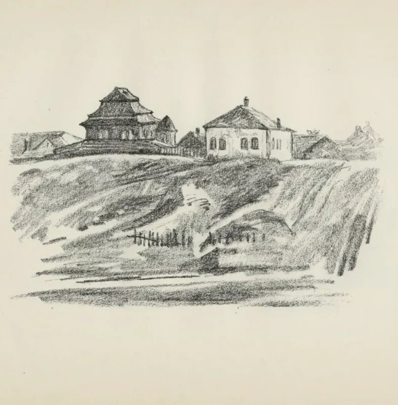 Драўляная сінагога. Гродна 1916. Малюнак з альбома “Skizzen aus Litauen, Weissrussland und Kurland”. Мастак Hermann Struck. Тэкст Herbert Eulenberg