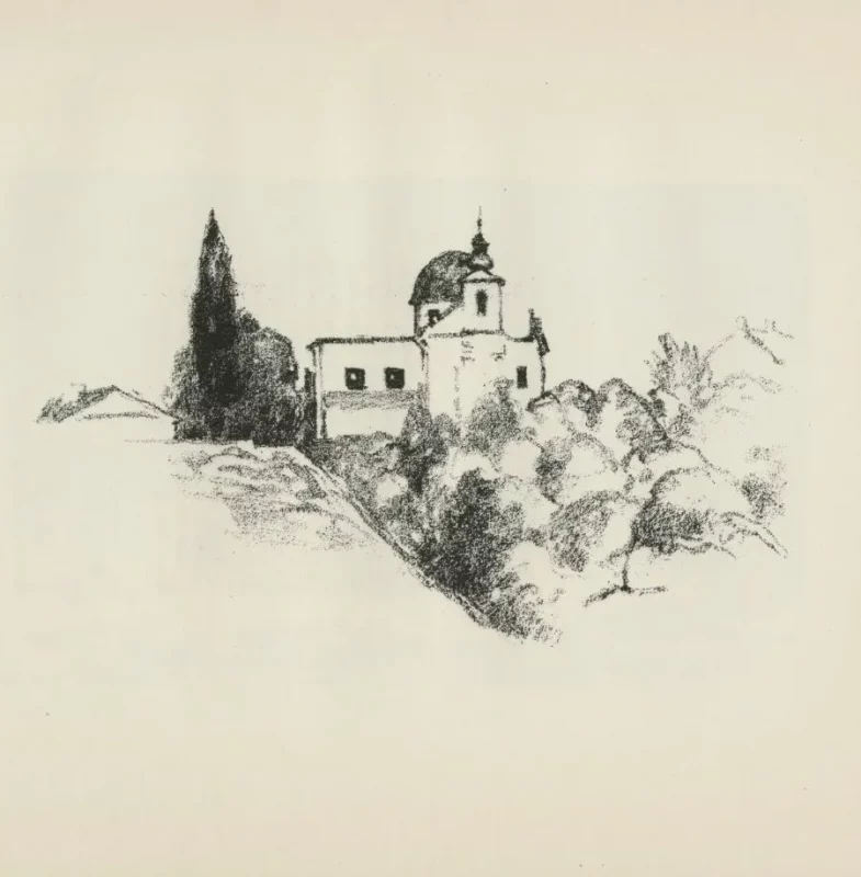 Жаночы манастыр. Гродна 1916. Малюнак з альбома “Skizzen aus Litauen, Weissrussland und Kurland”. Мастак Hermann Struck. Тэкст Herbert Eulenberg