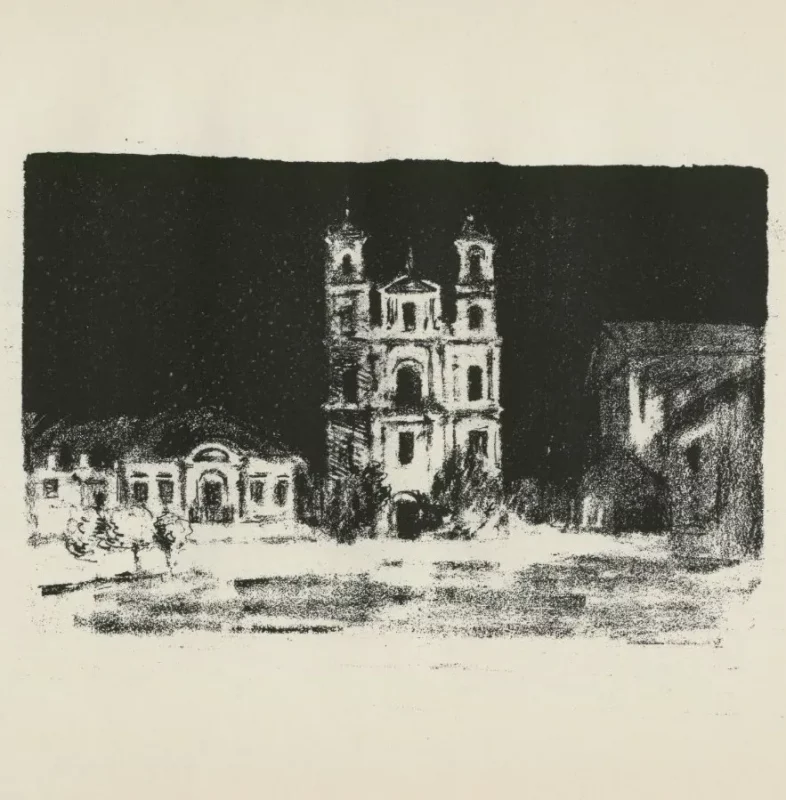 Фарны касцёл. Гродна 1916. Малюнак з альбома “Skizzen aus Litauen, Weissrussland und Kurland”. Мастак Hermann Struck. Тэкст Herbert Eulenberg