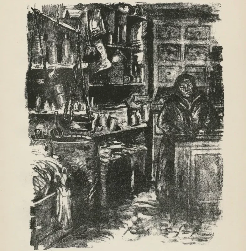 Драўляная сінагога. Гродна 1916. Малюнак з альбома “Skizzen aus Litauen, Weissrussland und Kurland”. Мастак Hermann Struck. Тэкст Herbert Eulenberg