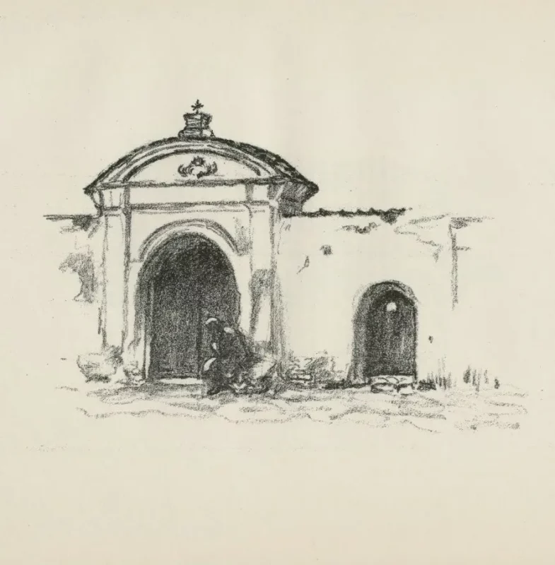 Францысканскі касцёл Гродна 1916. Малюнак з альбома “Skizzen aus Litauen, Weissrussland und Kurland”. Мастак Hermann Struck. Тэкст Herbert Eulenberg