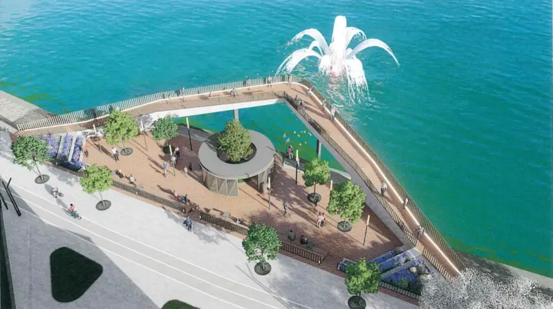 Ілюстрацыя з канцэпцыі рэканструкцыі Праванабярэжнай у Гродне. Плануецца дадаць назіральную пляцоўку, вуглавы мост і плаваючы фантан, а таксама лесвіцу паміж Старым і Новым замкамі.