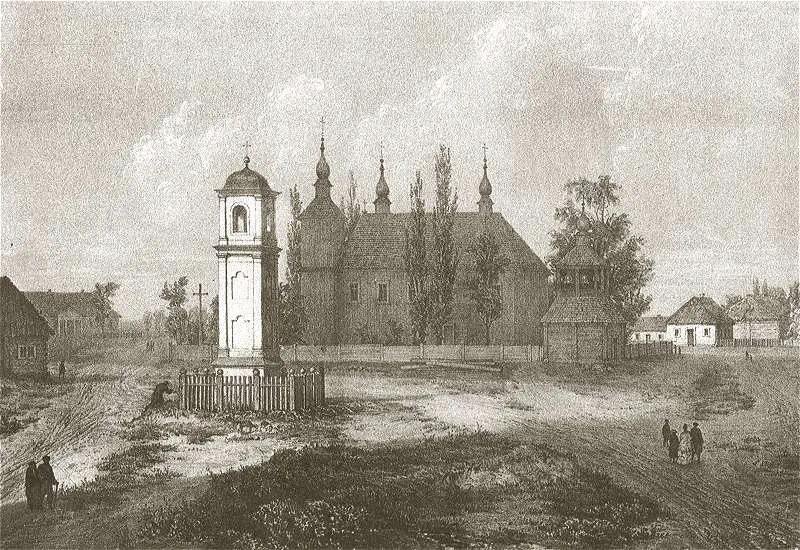 Касцёл і помнік Св. Андрэю Баболі ў Янаве. Літаграфія з акварэлі Н. Орды, ХІХ ст. Крыніца: Wikimedia Commons