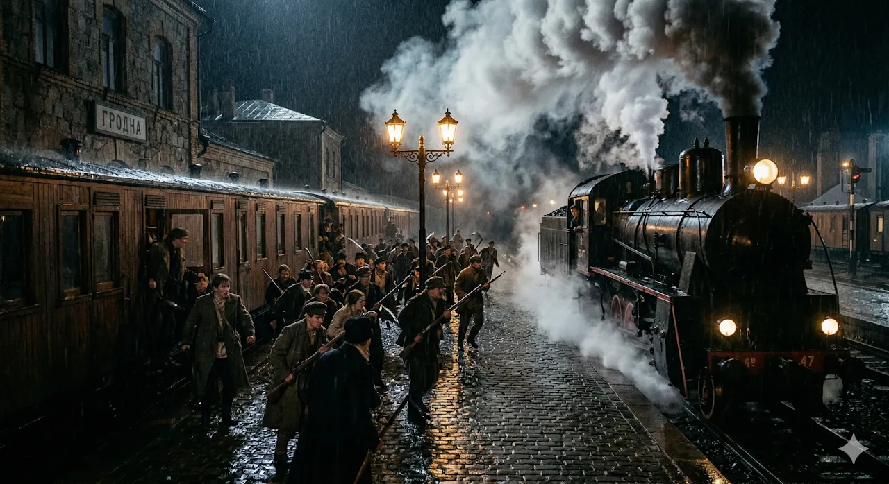 Захоп цягніка ў Гродне. Малюнак створаны пры дапамозе ШІ