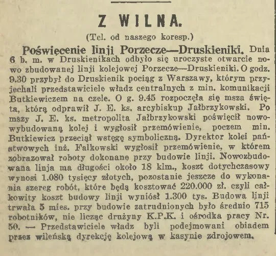 Занатоўка аб адкрыцці лініі ў газеце «Kurjer Warszawski» (1934, №276)